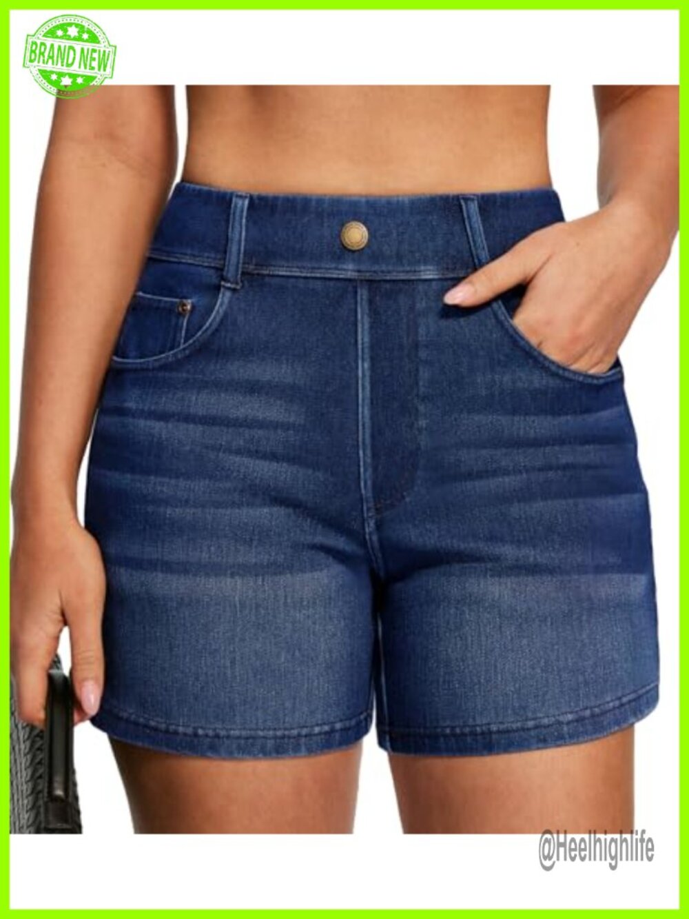 Stretchy Pull On Jean Shorts High Waisted 5" Inseam Straight Leg Denim